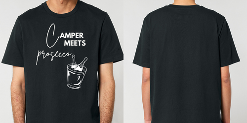 Camper Meets Prosecco – Unisex T-Shirt Camping Vibes – Frontansicht