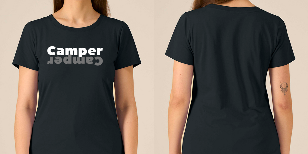 Camper – Damen Tailliertes T-Shirt Camping Vibes – Frontansicht