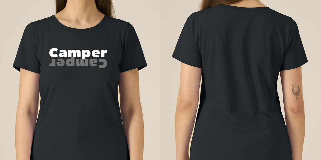 Camper – Damen Tailliertes T-Shirt Camping Vibes – Frontansicht