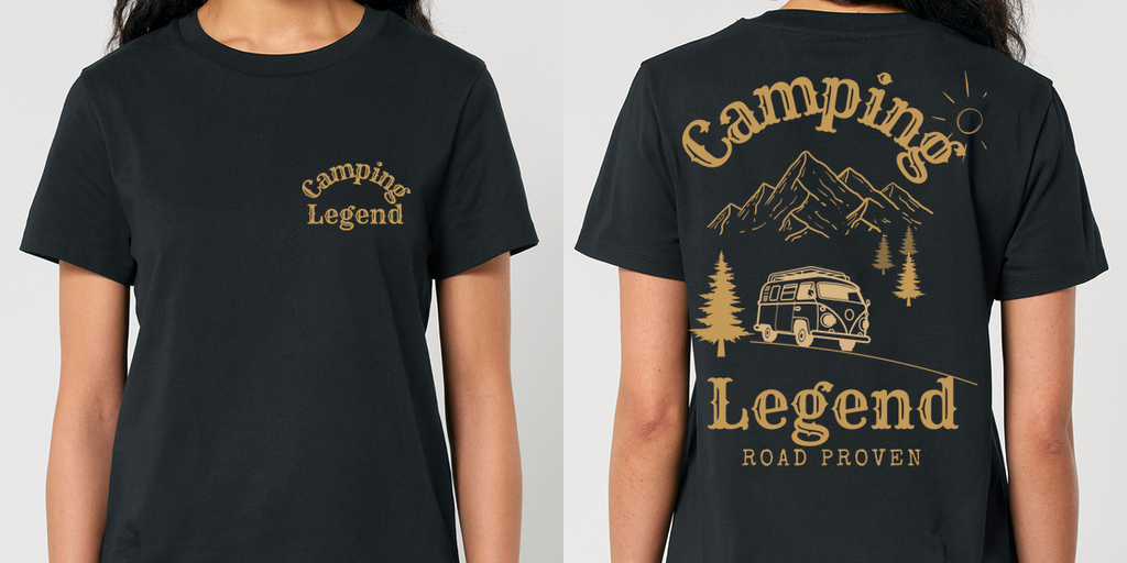 Road Proven Van – Damen T-Shirt Camping Legend – Frontansicht