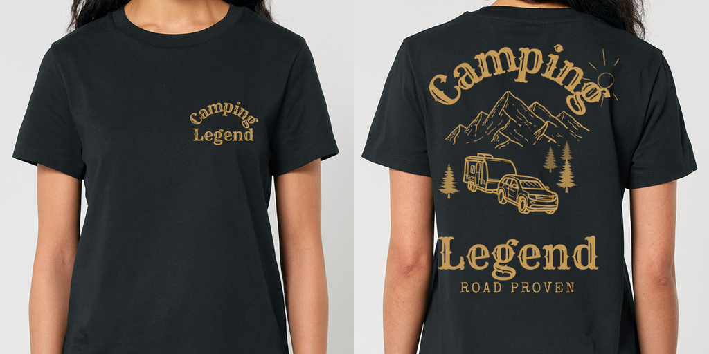 Road Proven Trailer – Damen T-Shirt Camping Legend – Frontansicht