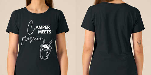 Camper Meets Prosecco – Damen Tailliertes T-Shirt Camping Vibes – Frontansicht