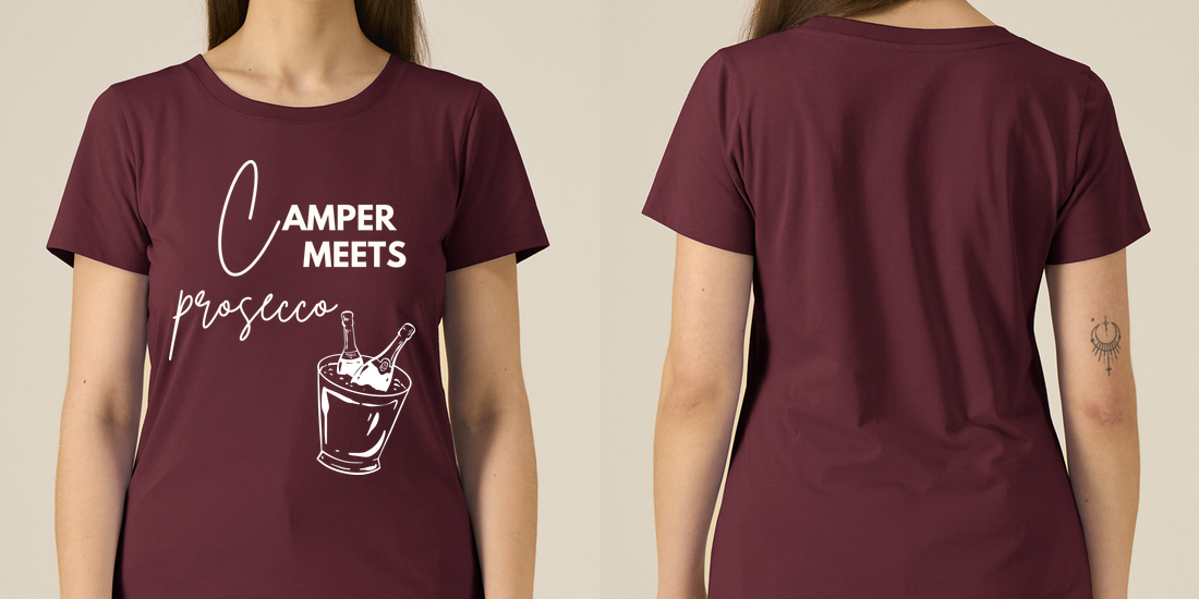 Camper Meets Prosecco – Damen Tailliertes T-Shirt Camping Vibes – Ansicht 2