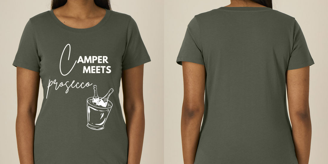 Camper Meets Prosecco – Damen Tailliertes T-Shirt Camping Vibes – Ansicht 3