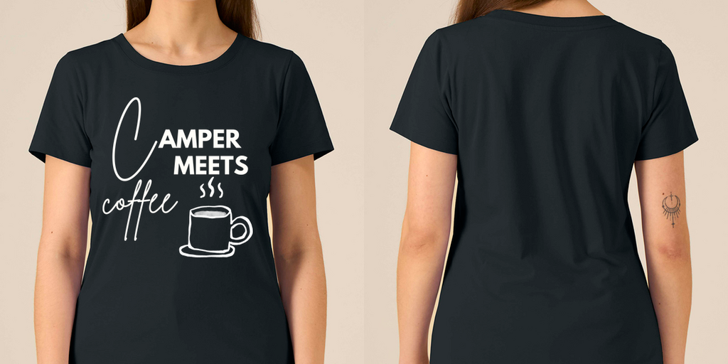Camper Meets Coffee – Damen Tailliertes T-Shirt Camping Vibes – Frontansicht
