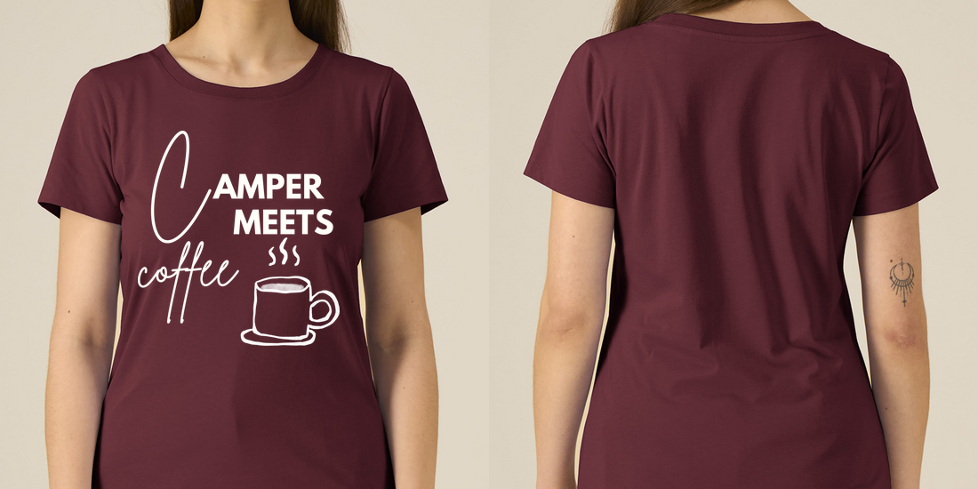 Camper Meets Coffee – Damen Tailliertes T-Shirt Camping Vibes – Ansicht 2