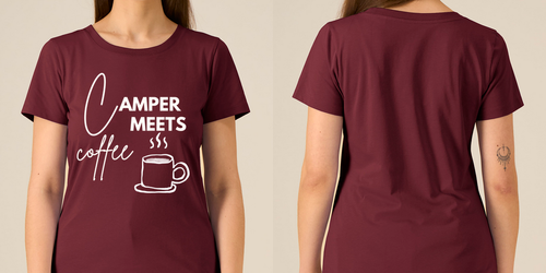 Camper Meets Coffee – Damen Tailliertes T-Shirt Camping Vibes – Ansicht 2