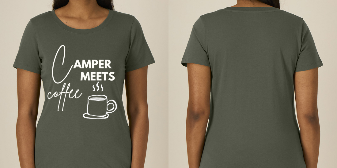 Camper Meets Coffee – Damen Tailliertes T-Shirt Camping Vibes – Ansicht 3