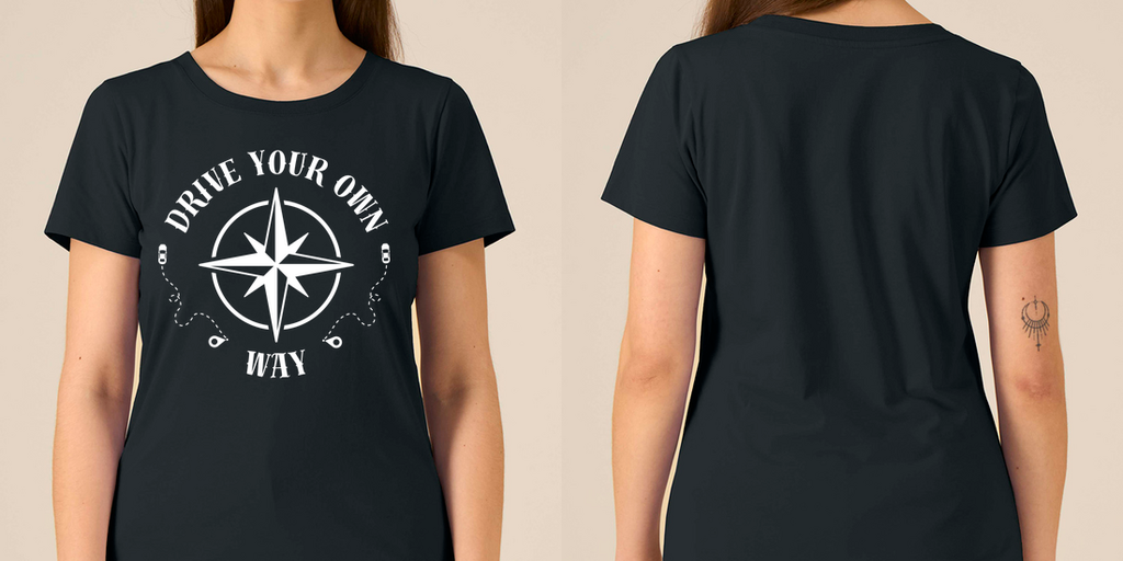 Drive Your Own Way – Damen Tailliertes T-Shirt Camping Vibes – Frontansicht