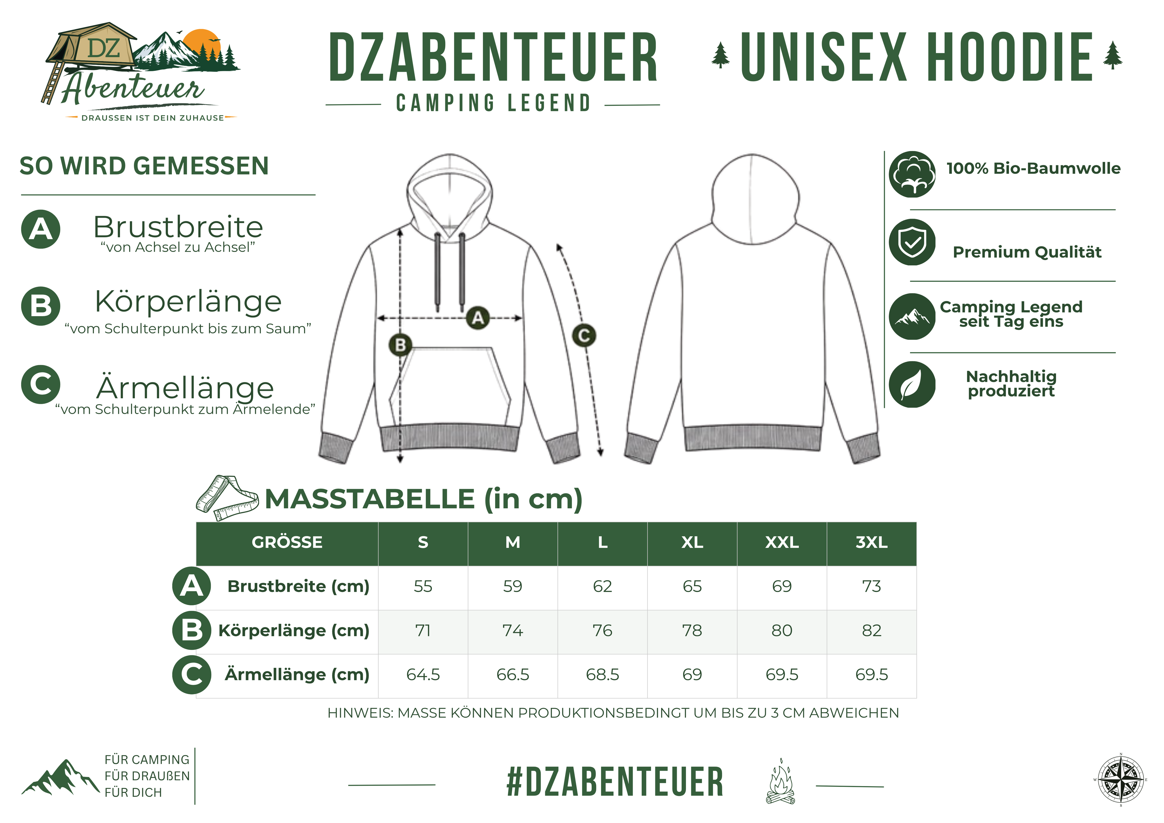 Größentabelle – DZAbenteuer Camping Legend Unisex Hoodie (Maße in cm)