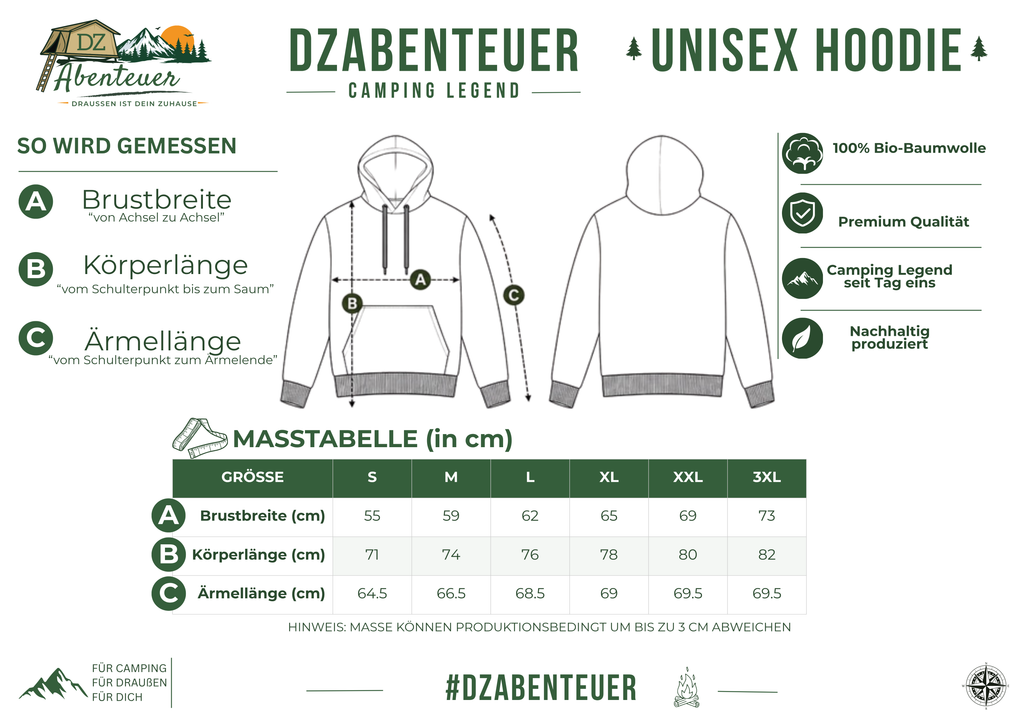 Größentabelle – DZAbenteuer Camping Legend Unisex Hoodie (Maße in cm)