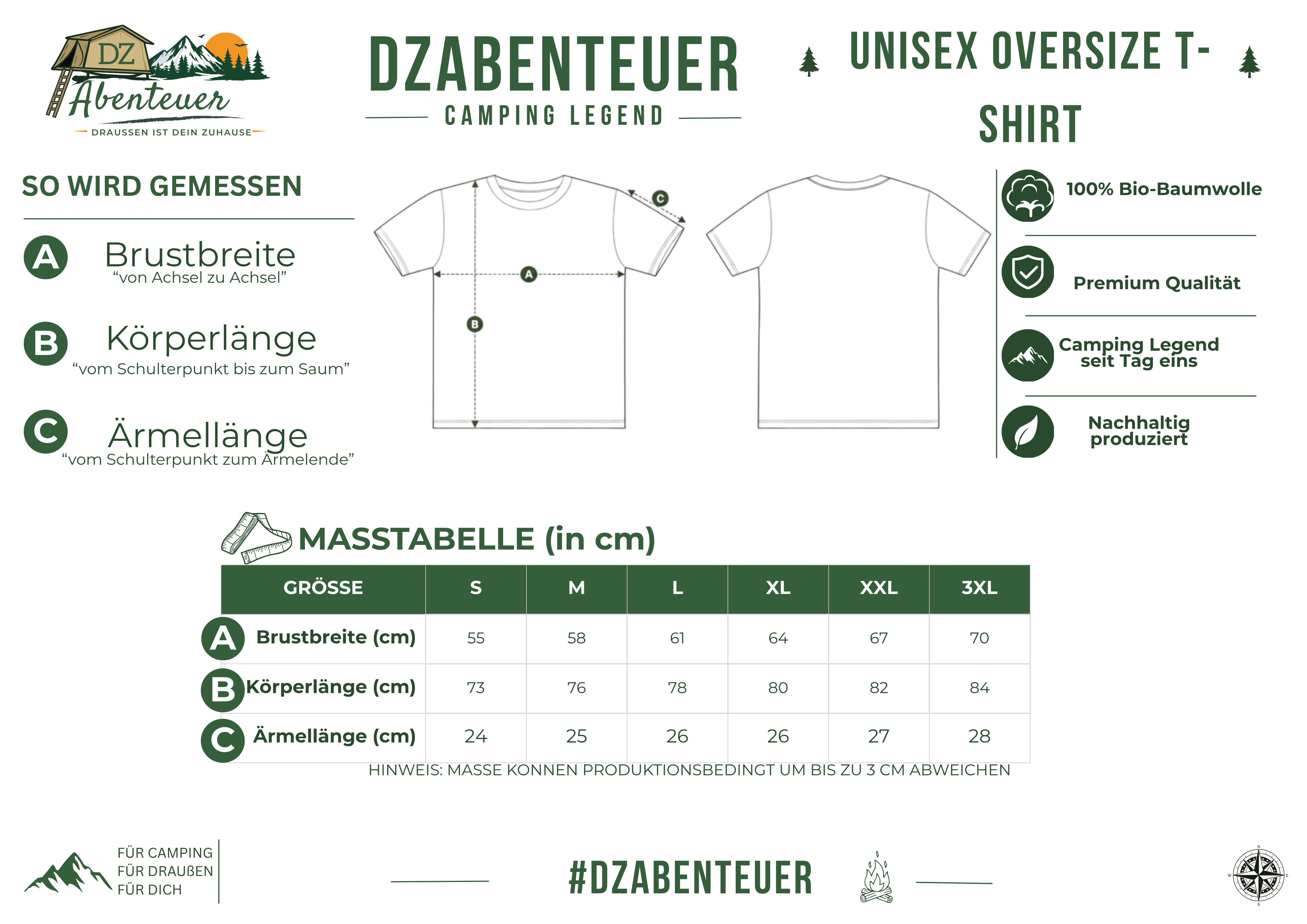Größentabelle – DZAbenteuer Camping Legend Unisex Oversize T-Shirt (Maße in cm)