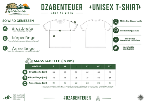 Größentabelle – DZAbenteuer Camping Vibes Unisex T-Shirt (Maße in cm)