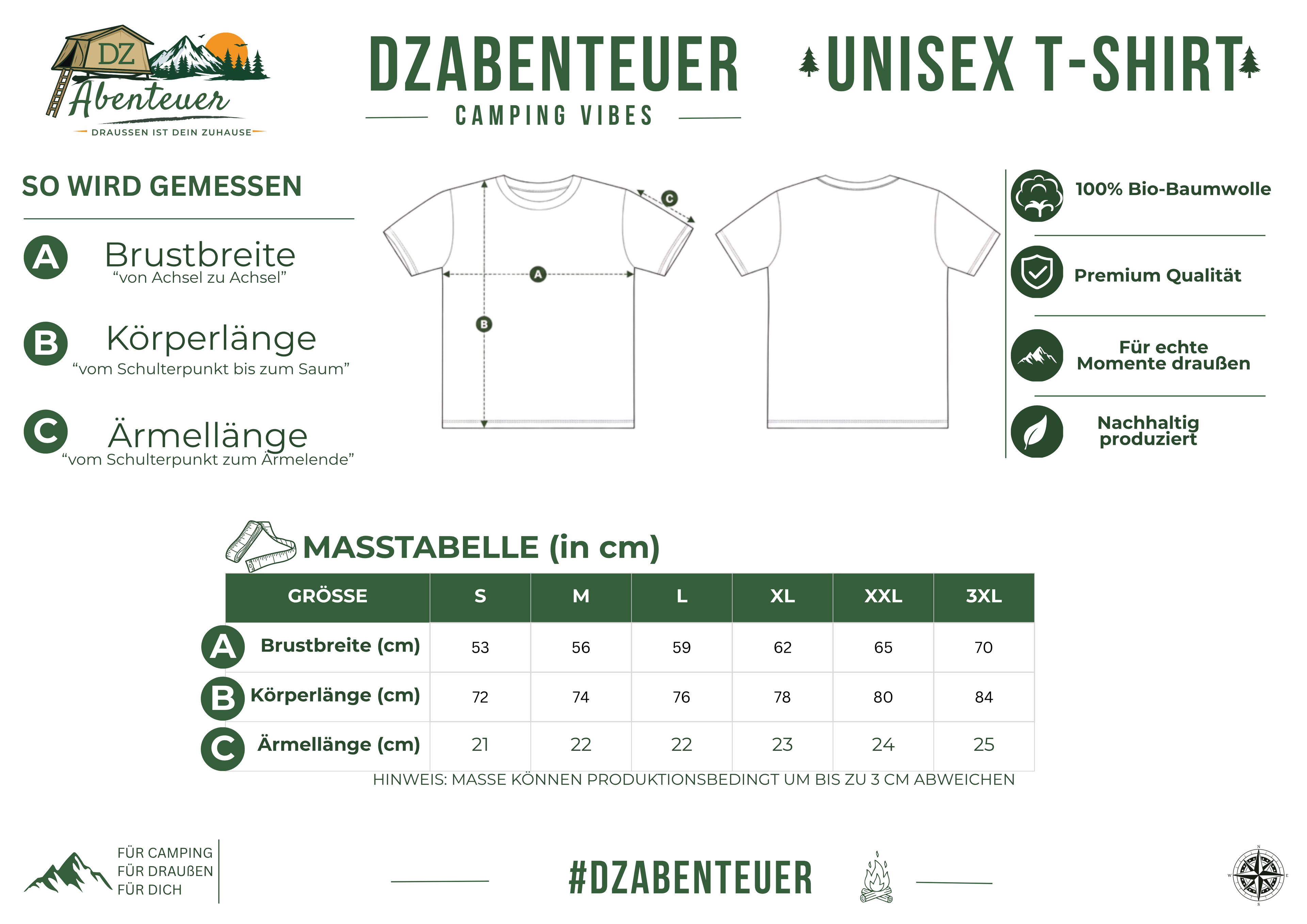 Größentabelle – DZAbenteuer Camping Vibes Unisex T-Shirt (Maße in cm)