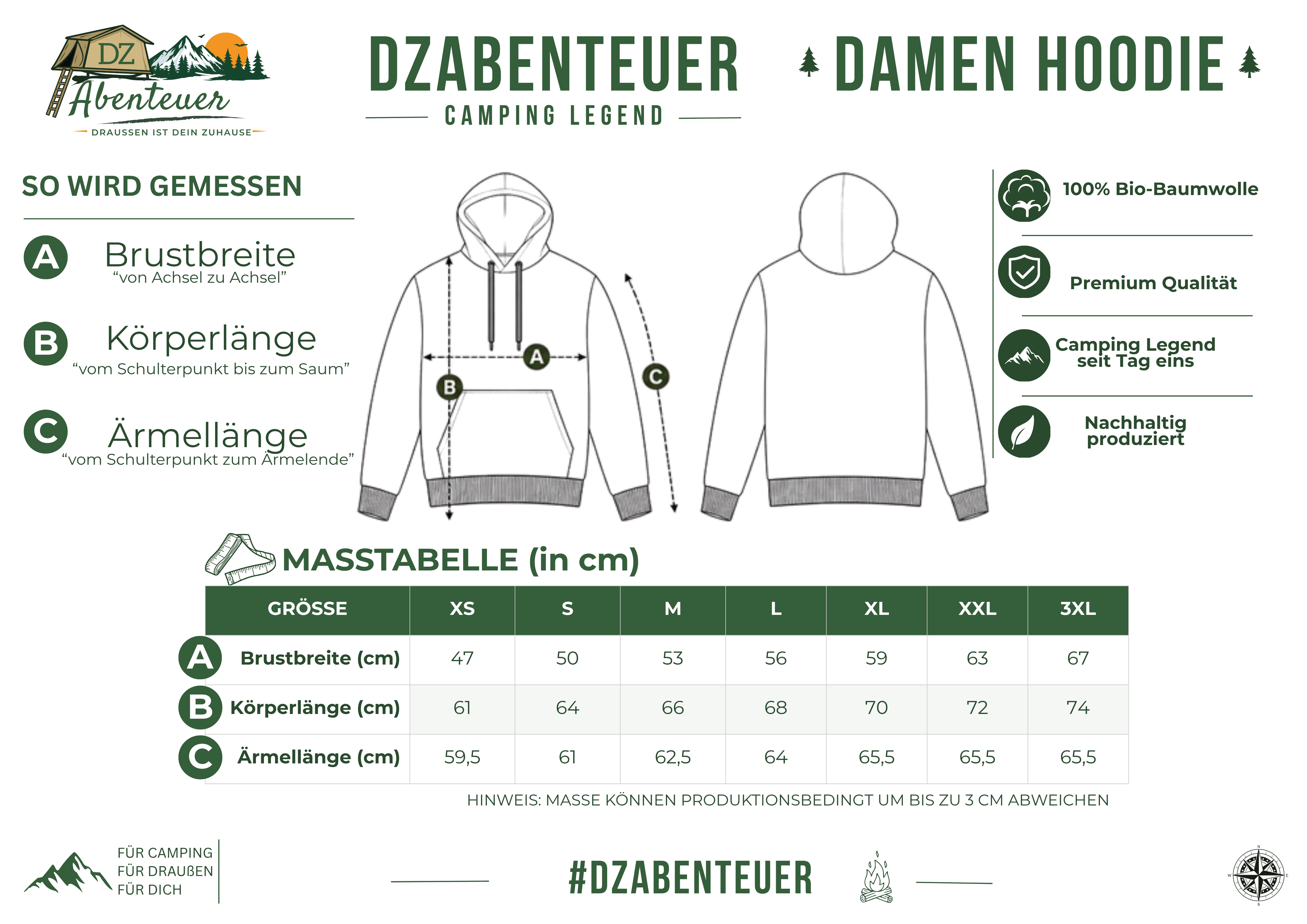 Größentabelle – DZAbenteuer Camping Legend Damen Hoodie (Maße in cm)