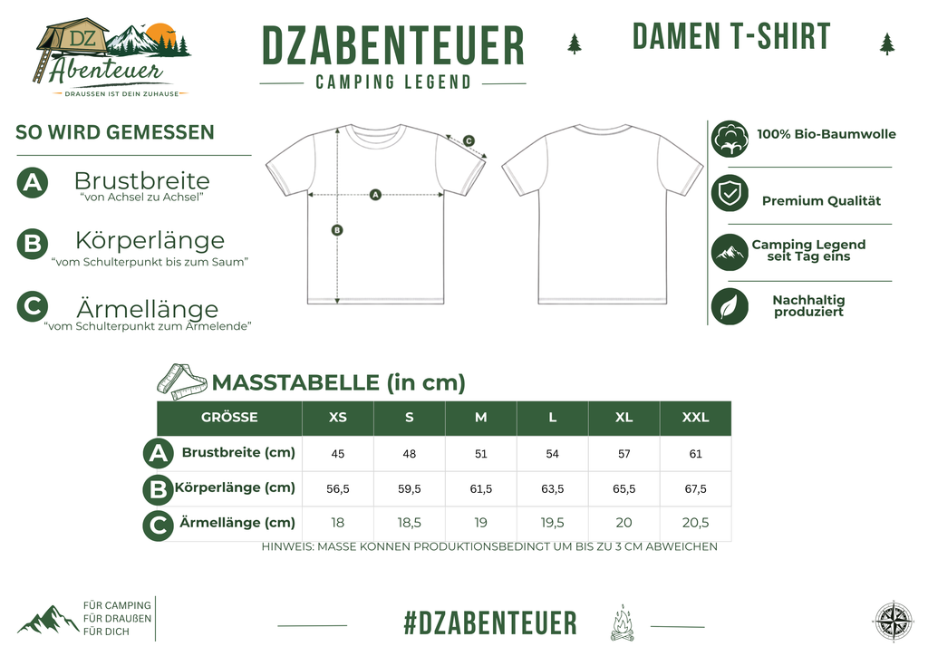 Größentabelle – DZAbenteuer Camping Legend Damen T-Shirt (Maße in cm)
