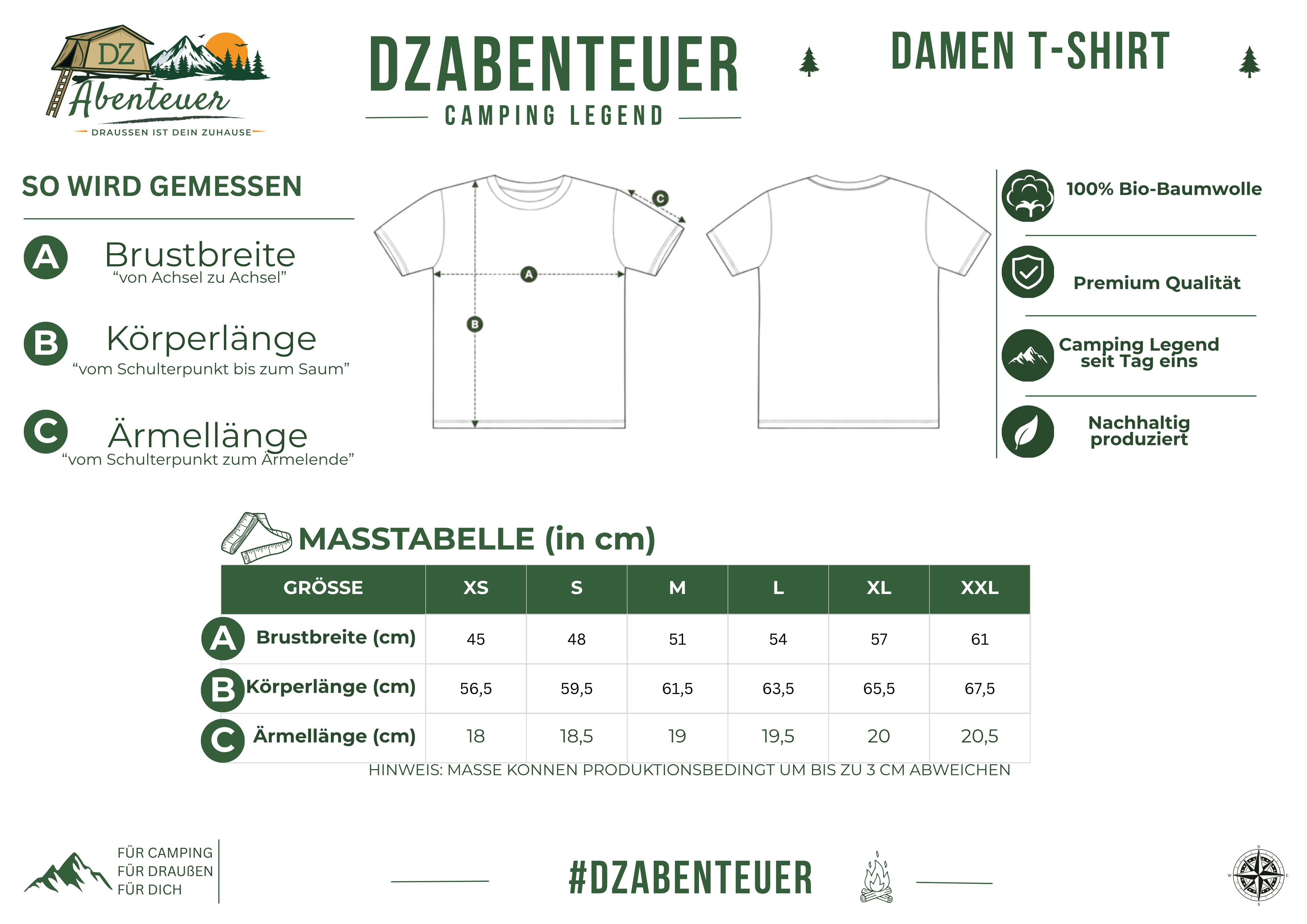 Größentabelle – DZAbenteuer Camping Legend Damen T-Shirt (Maße in cm)