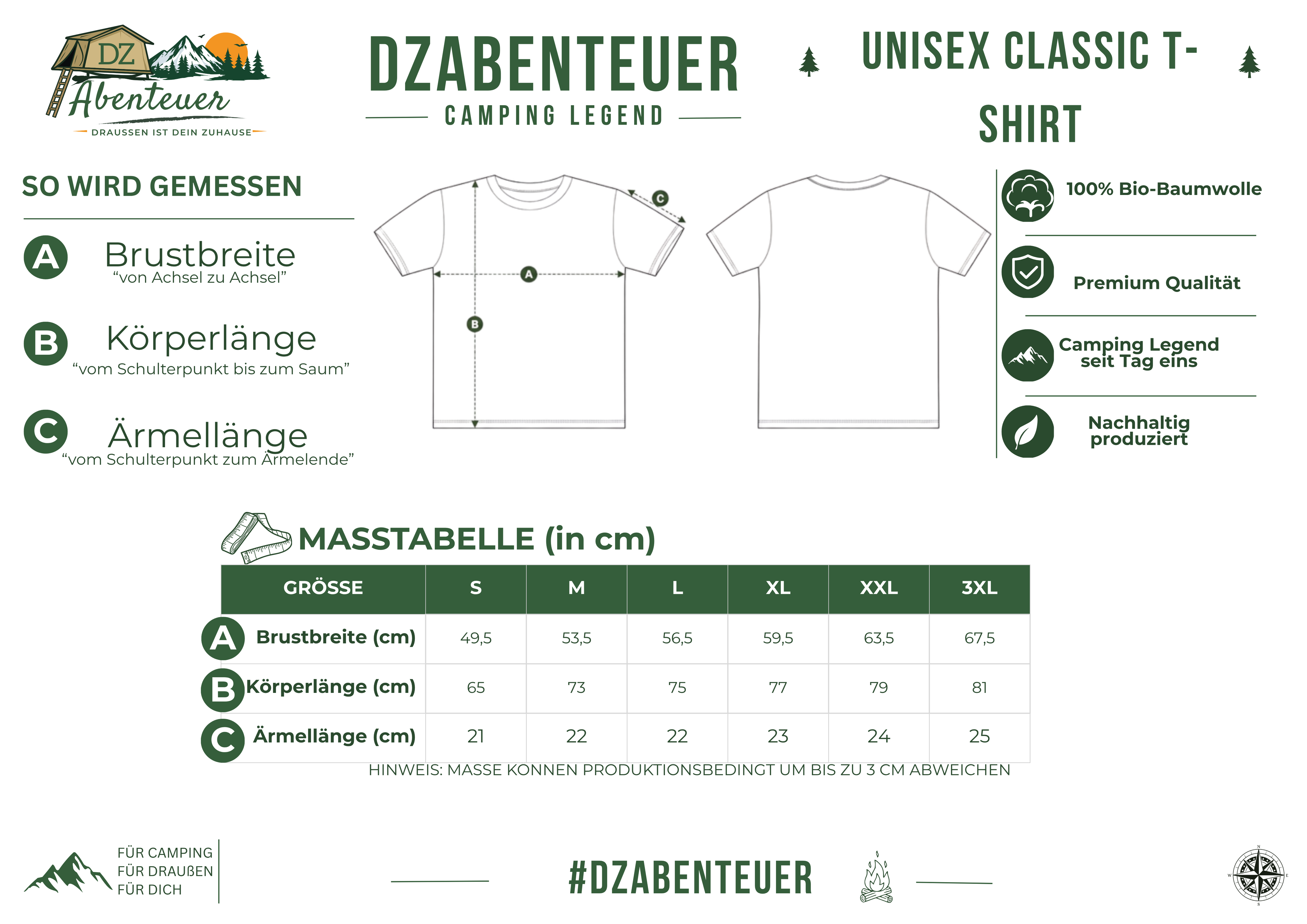 Größentabelle – DZAbenteuer Camping Legend Unisex T-Shirt Classic (Maße in cm)