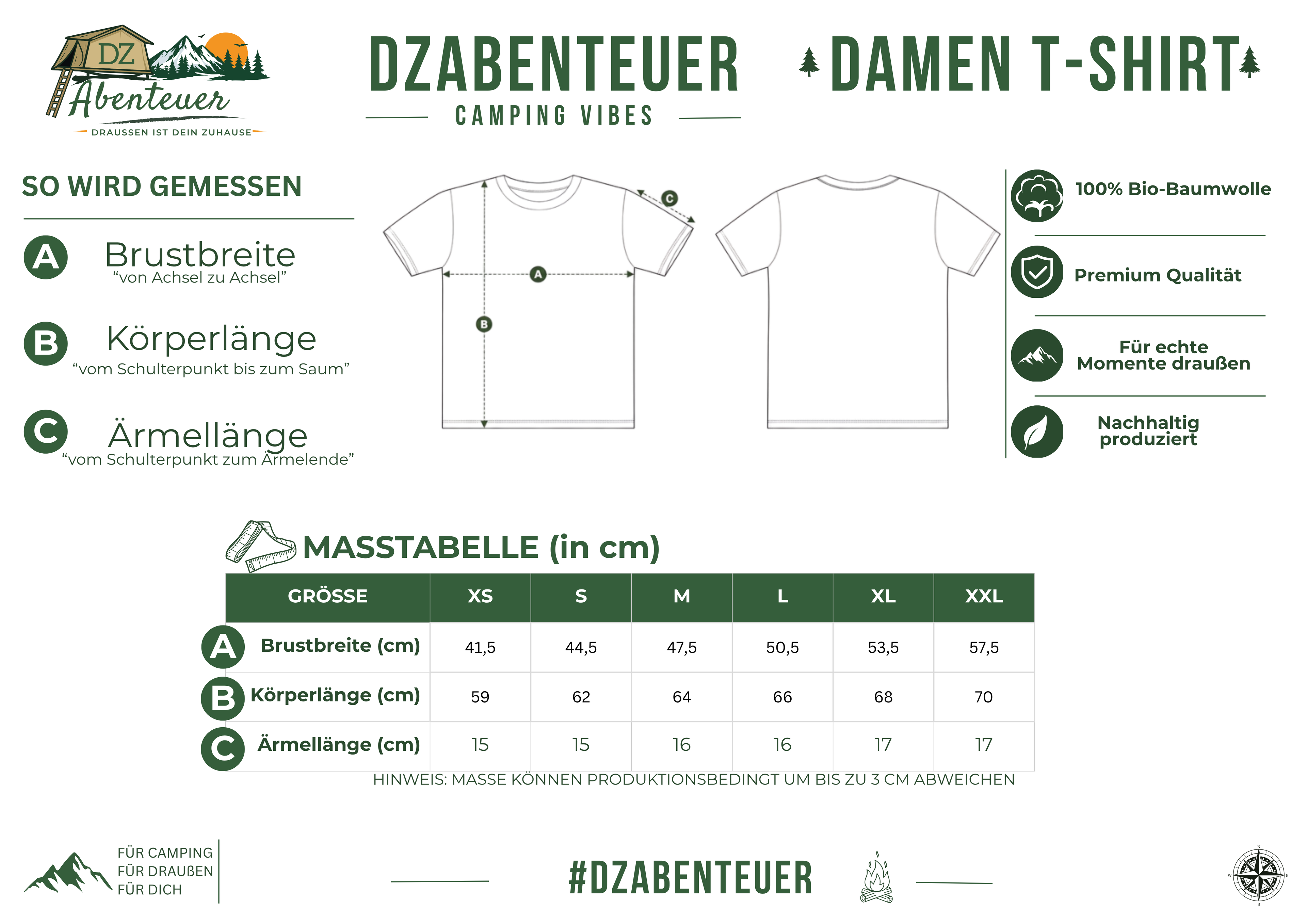 Größentabelle – DZAbenteuer Camping Vibes Damen T-Shirt (Maße in cm)