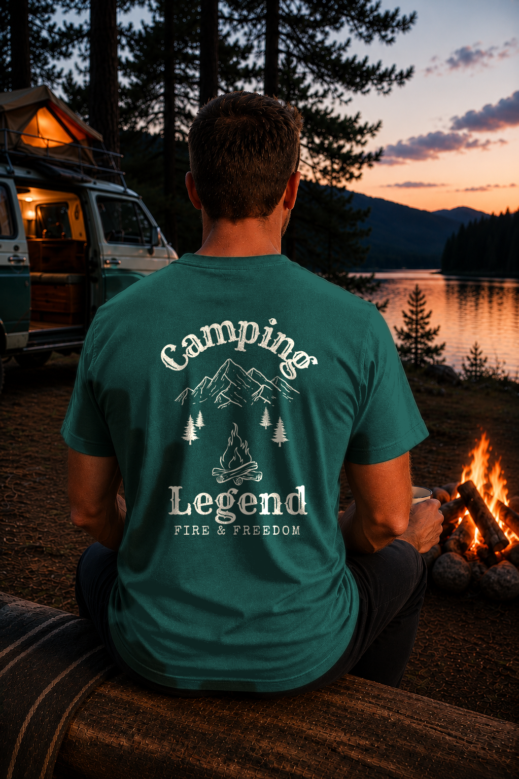 Fire & Freedom – Unisex T-Shirt Classic Glazed Green – Modell Rückansicht getragen