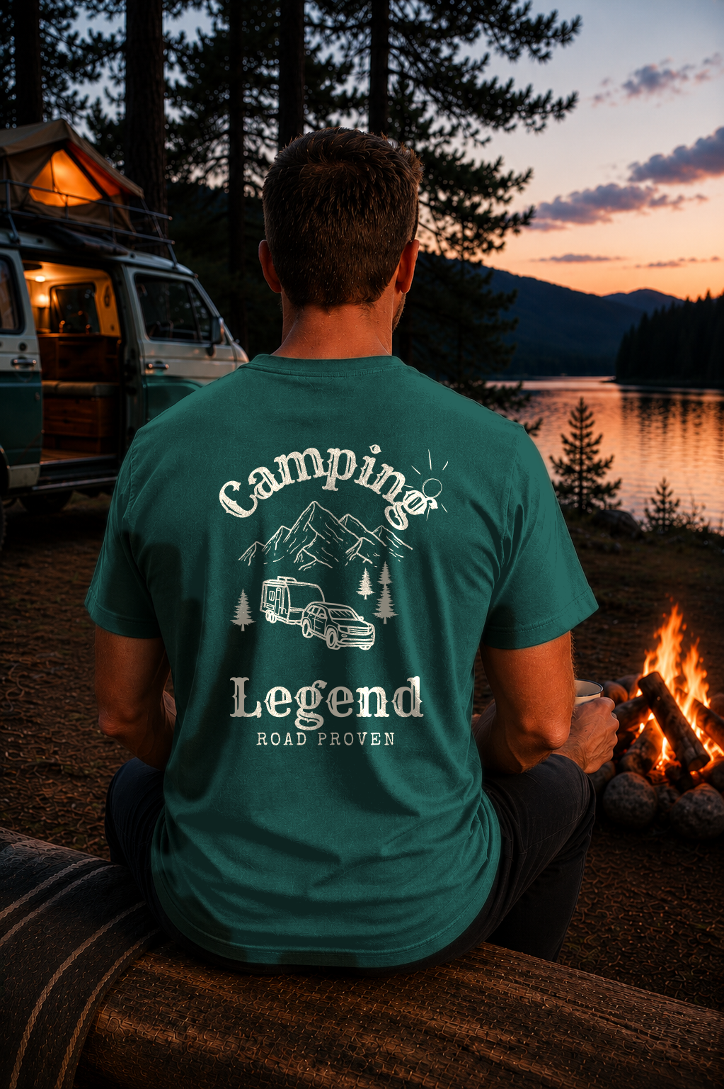 Road Proven Trailer – Unisex T-Shirt Classic Glazed Green – Modell Rückansicht getragen