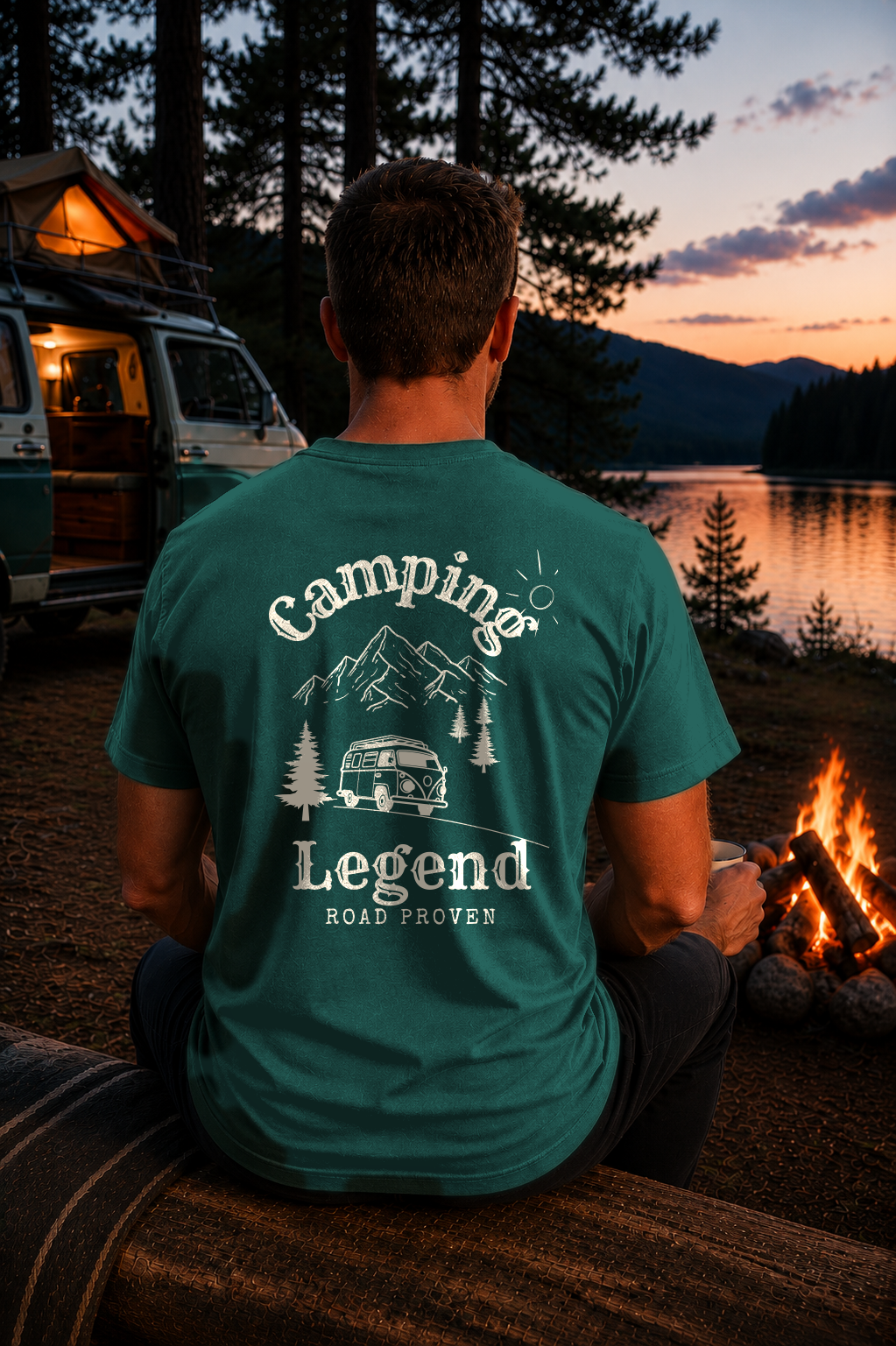 Road Proven Van – Unisex T-Shirt Classic Glazed Green – Modell Rückansicht getragen