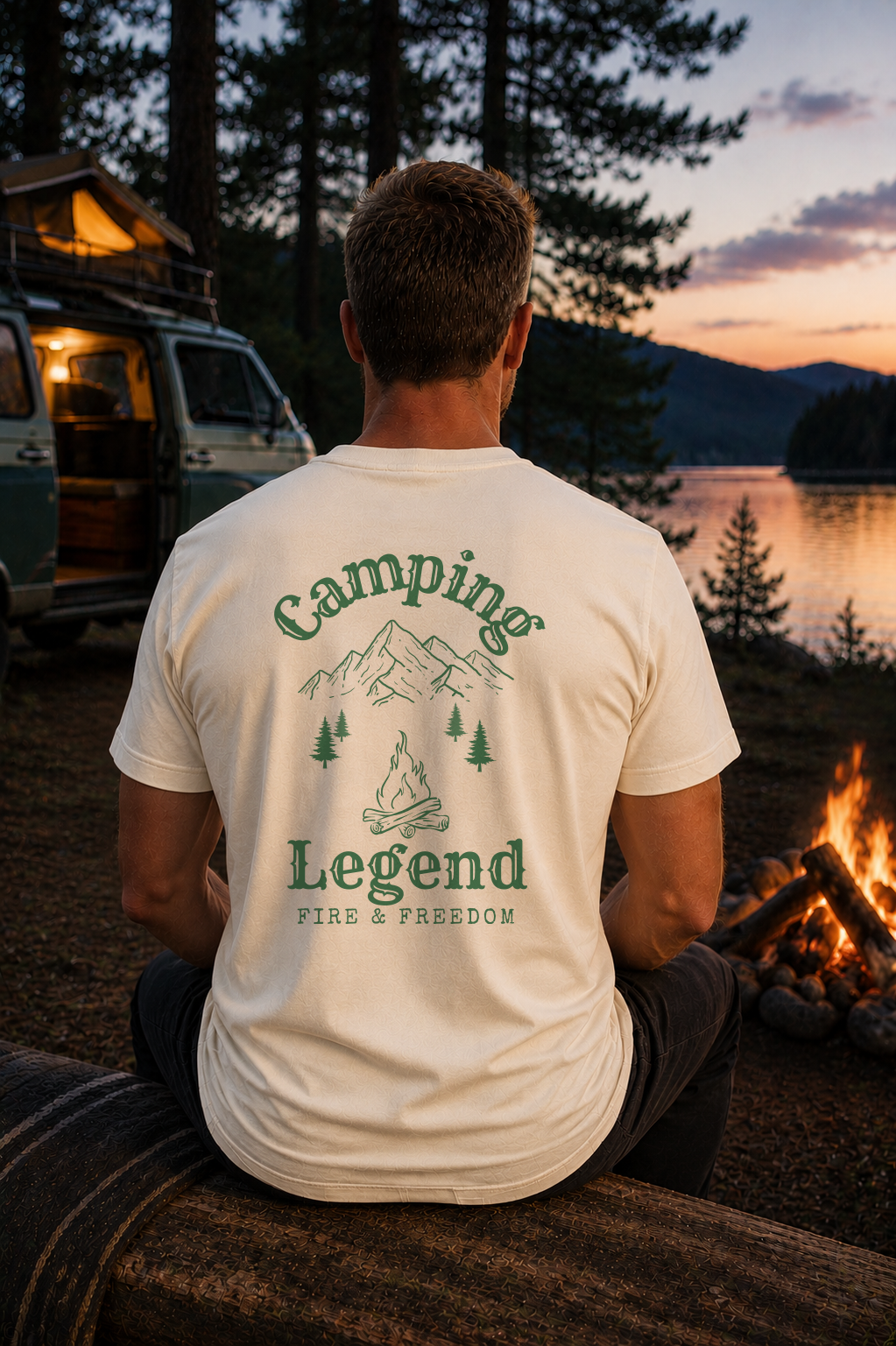 Fire & Freedom – Unisex T-Shirt Classic Natural Raw – Modell Rückansicht getragen