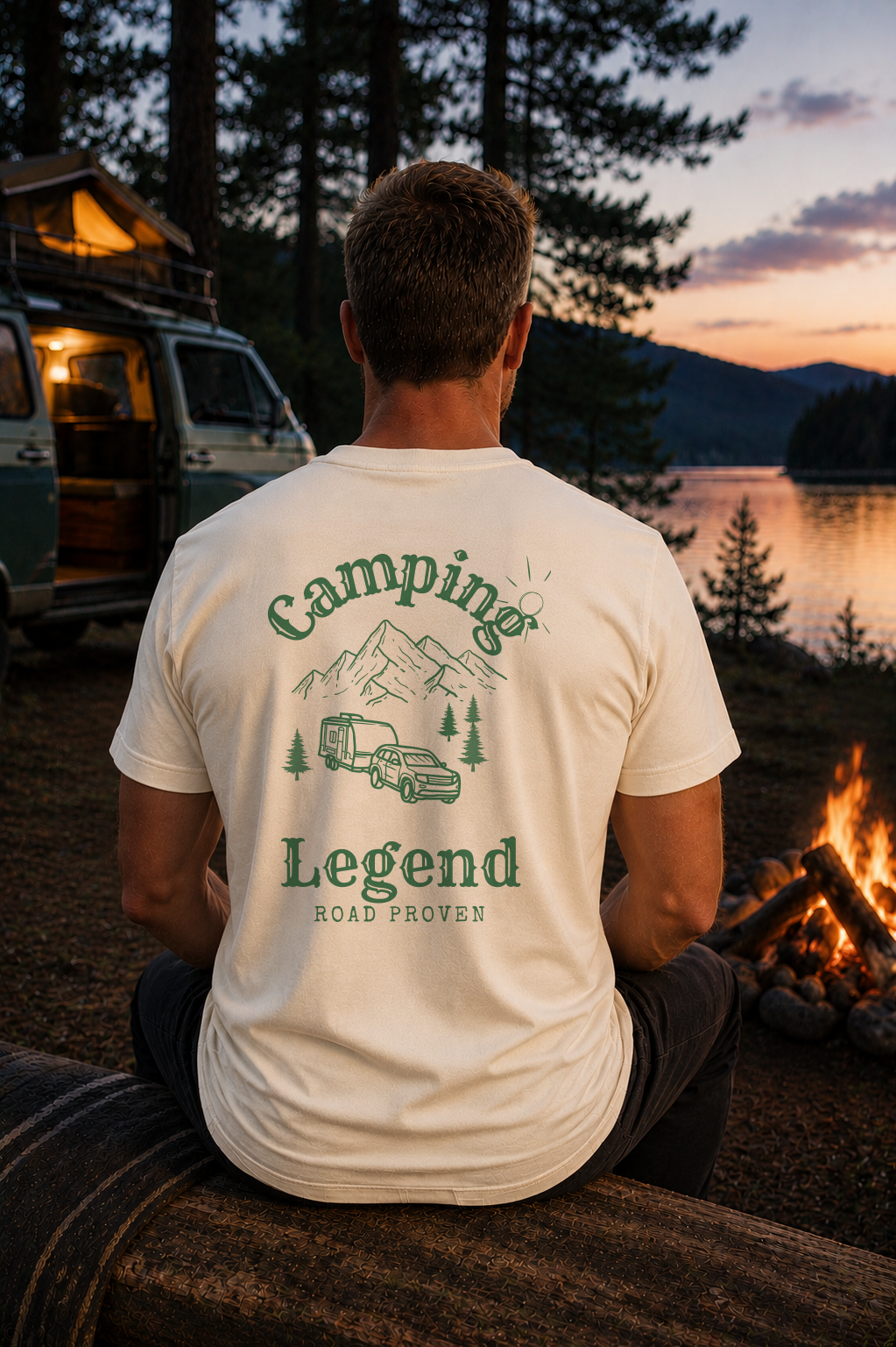 Road Proven Trailer – Unisex T-Shirt Classic Natural Raw – Modell Rückansicht getragen