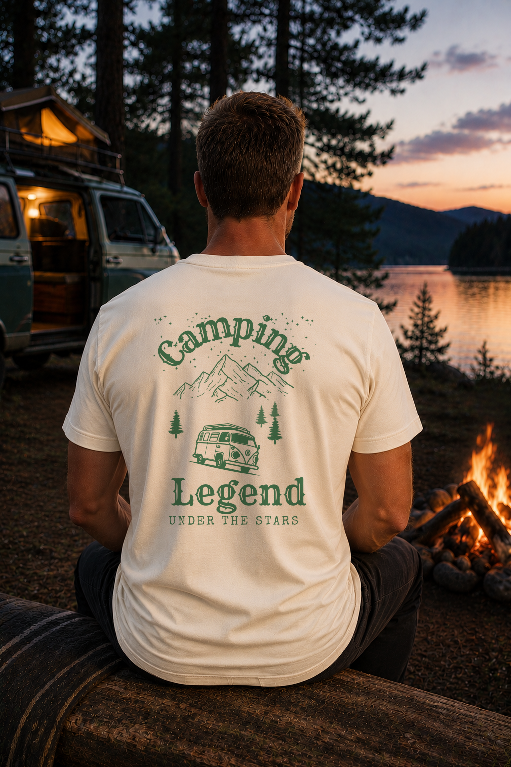 Under The Stars Van – Unisex T-Shirt Classic Natural Raw – Modell Rückansicht getragen