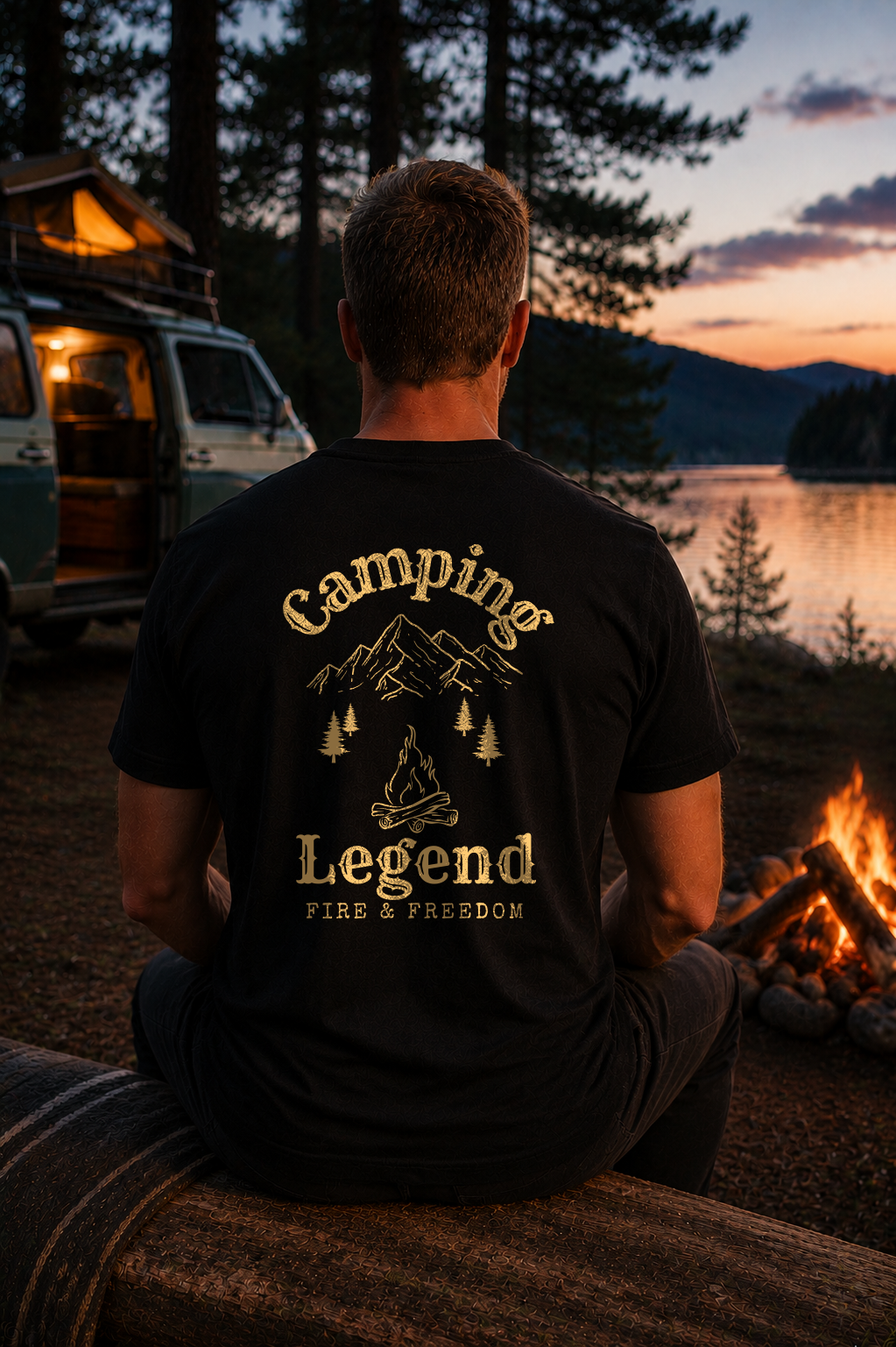 Fire & Freedom – Unisex T-Shirt Classic Black – Modell Rückansicht getragen
