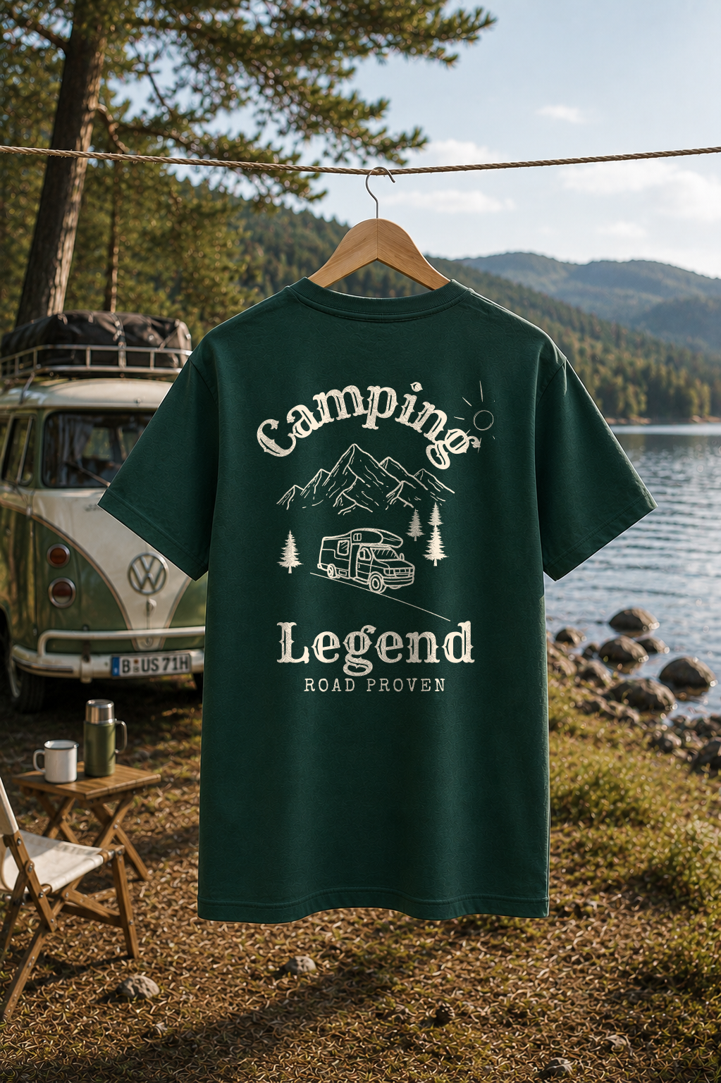Road Proven Camper – Unisex T-Shirt Classic Glazed Green – Rückansicht auf der Wäscheleine