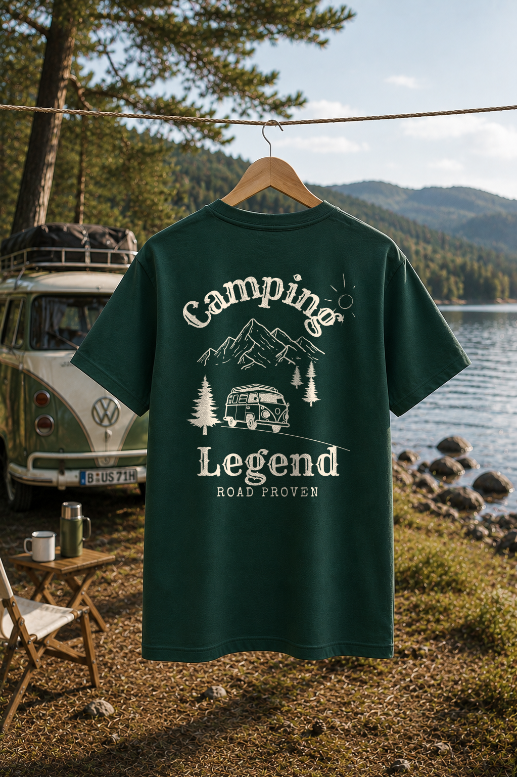 Road Proven Van – Unisex T-Shirt Classic Glazed Green – Rückansicht auf der Wäscheleine