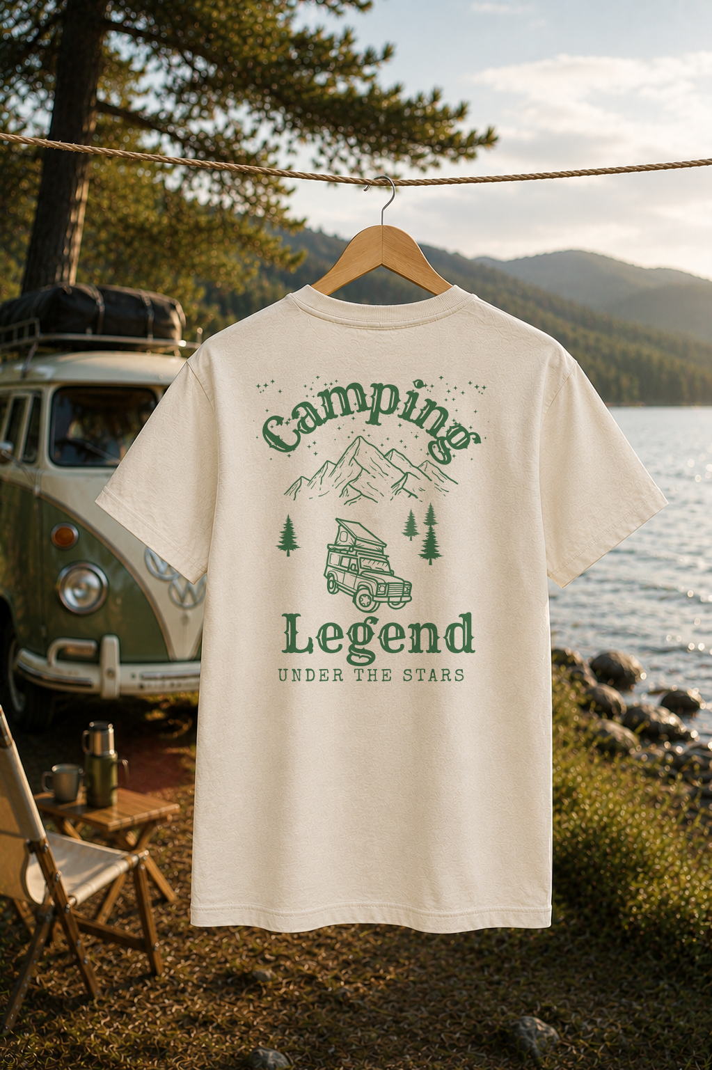 Under The Stars Offroader – Unisex T-Shirt Classic Natural Raw – Rückansicht auf der Wäscheleine