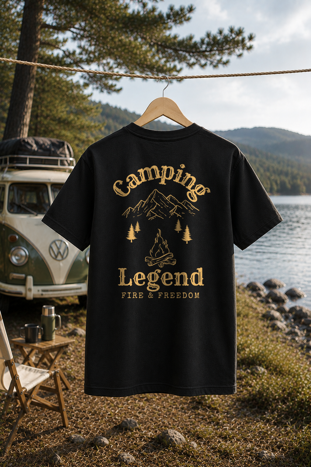 Fire & Freedom – Unisex T-Shirt Classic Black – Rückansicht auf der Wäscheleine