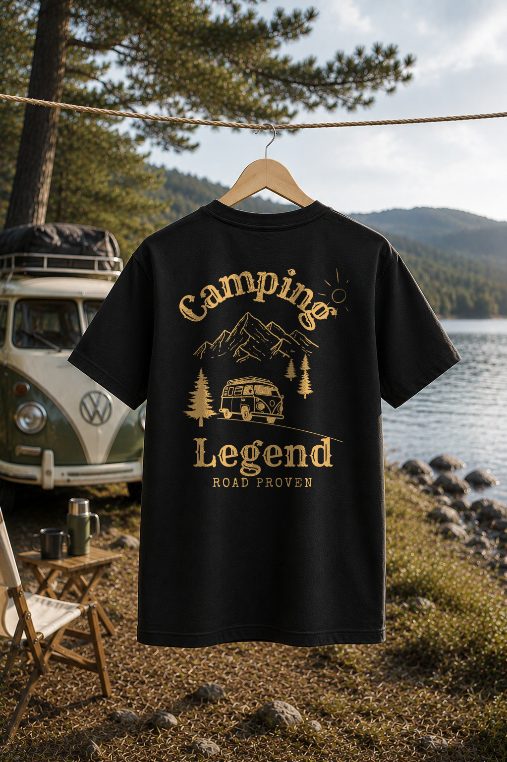 Road Proven Van – Unisex T-Shirt Classic Black – Rückansicht auf der Wäscheleine