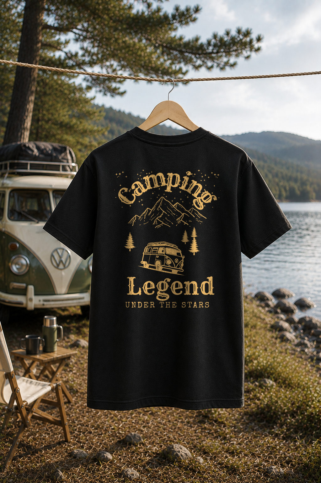Under The Stars Van – Unisex T-Shirt Classic Black – Rückansicht auf der Wäscheleine