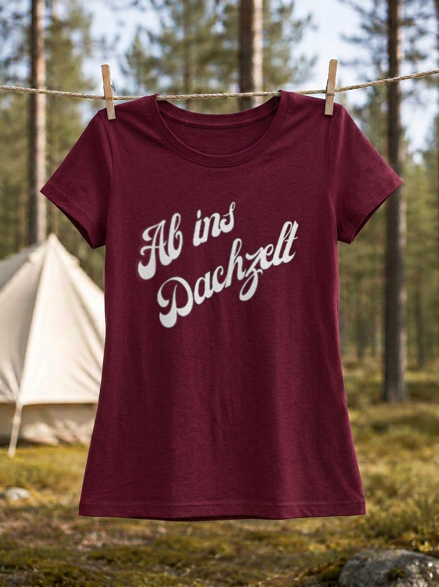 Ab ins Dachzelt – Damen Tailliertes T-Shirt Camping Vibes Burgundy – Wäscheleine