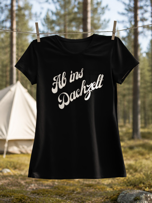 Ab ins Dachzelt – Damen Tailliertes T-Shirt Camping Vibes Black – Wäscheleine