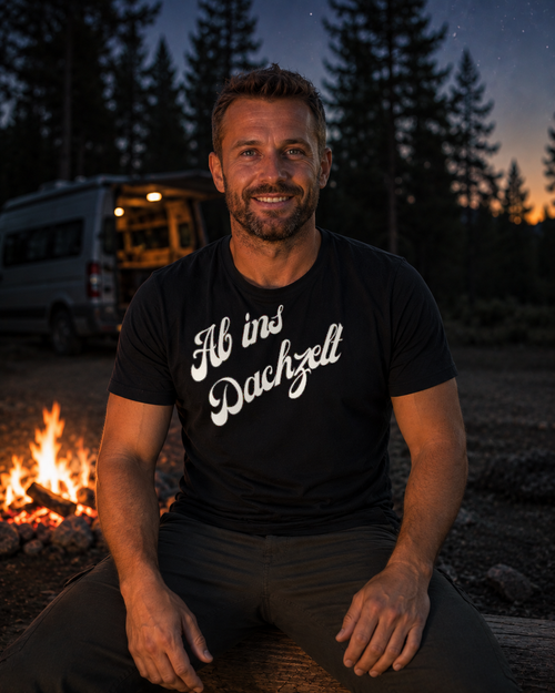 Ab ins Dachzelt – Unisex T-Shirt Camping Vibes Black – Vorderansicht