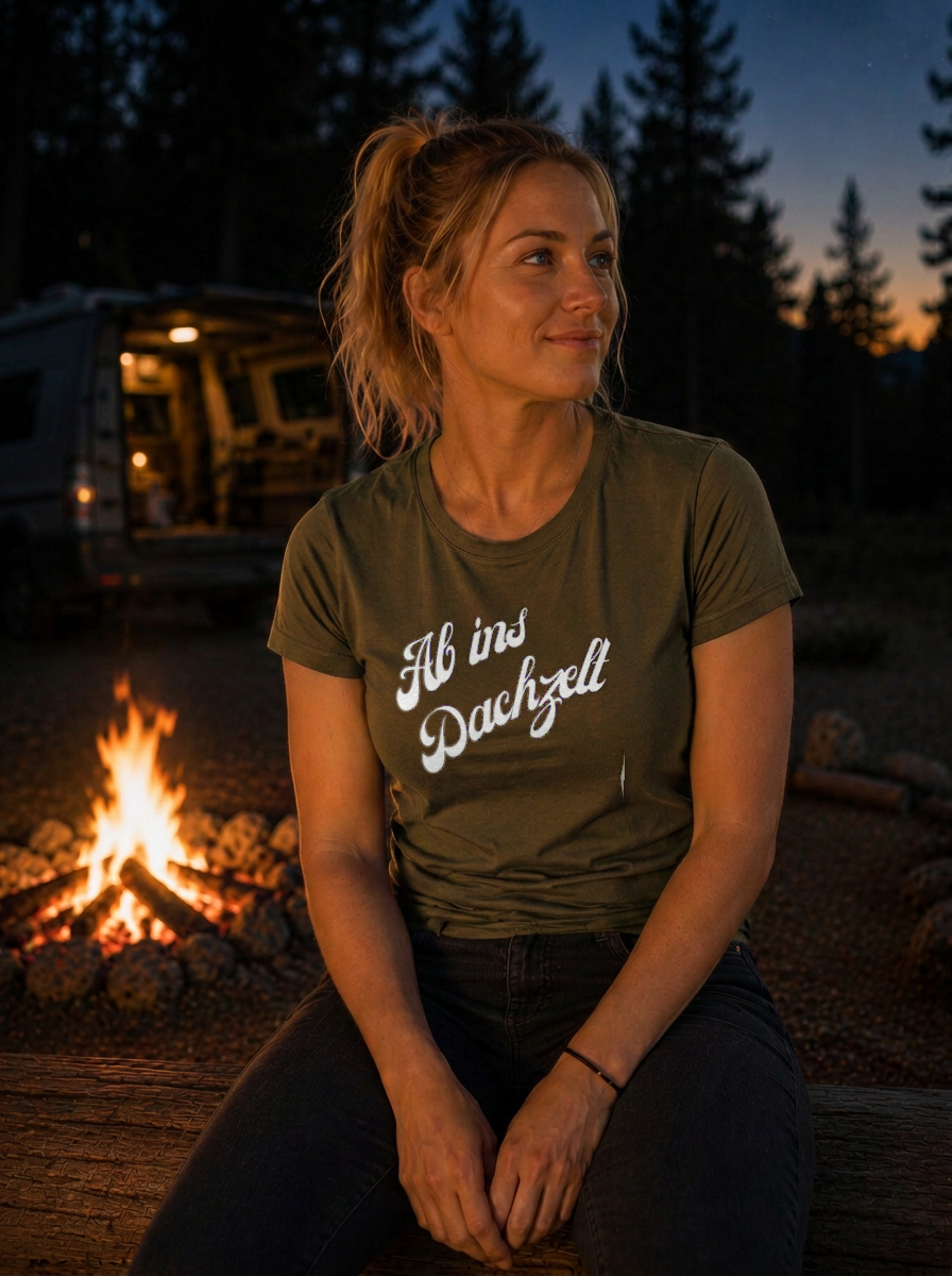 Ab ins Dachzelt – Damen Tailliertes T-Shirt Camping Vibes Khaki – Modell