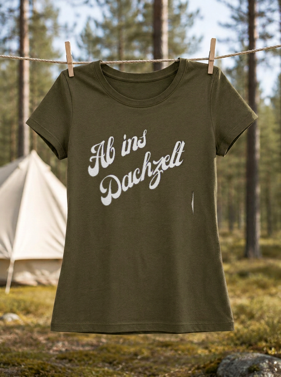 Ab ins Dachzelt – Damen Tailliertes T-Shirt Camping Vibes Khaki – Wäscheleine