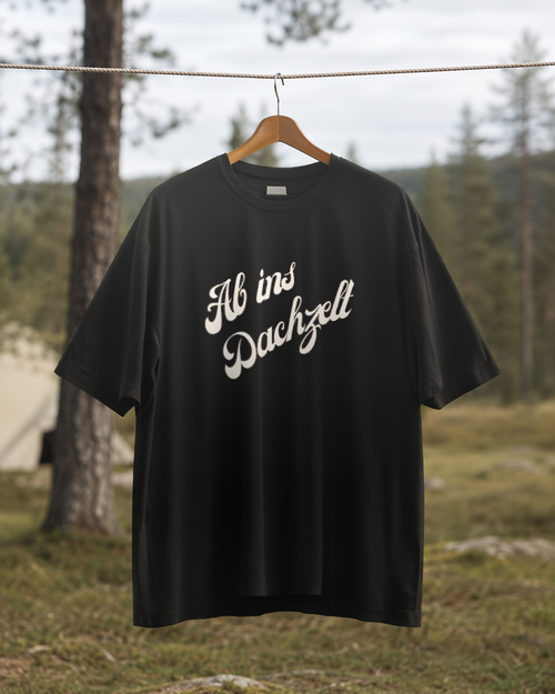 Ab ins Dachzelt – Unisex T-Shirt Camping Vibes Black – Rückansicht auf der Wäscheleine