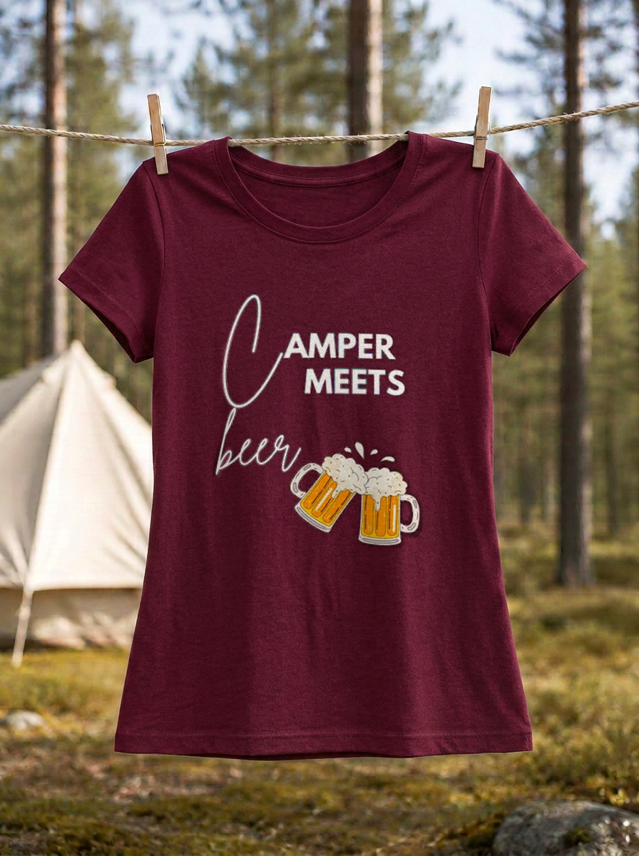 Camper Meets Beer – Damen Tailliertes T-Shirt Camping Vibes Burgundy – Wäscheleine