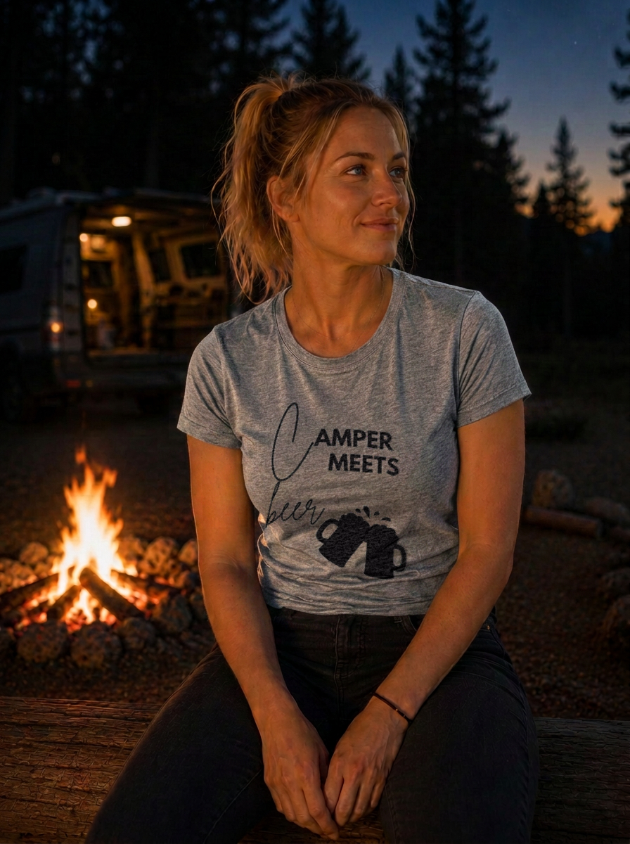 Camper Meets Beer – Damen Tailliertes T-Shirt Camping Vibes Heather Grey – Modell