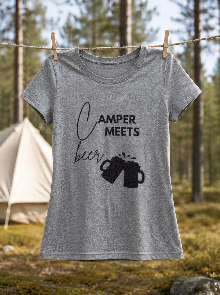 Camper Meets Beer – Damen Tailliertes T-Shirt Camping Vibes Heather Grey – Wäscheleine