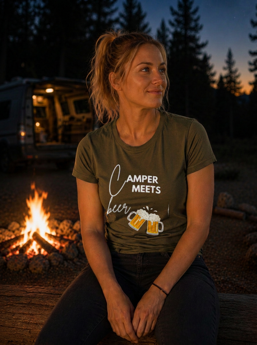 Camper Meets Beer – Damen Tailliertes T-Shirt Camping Vibes Khaki – Modell