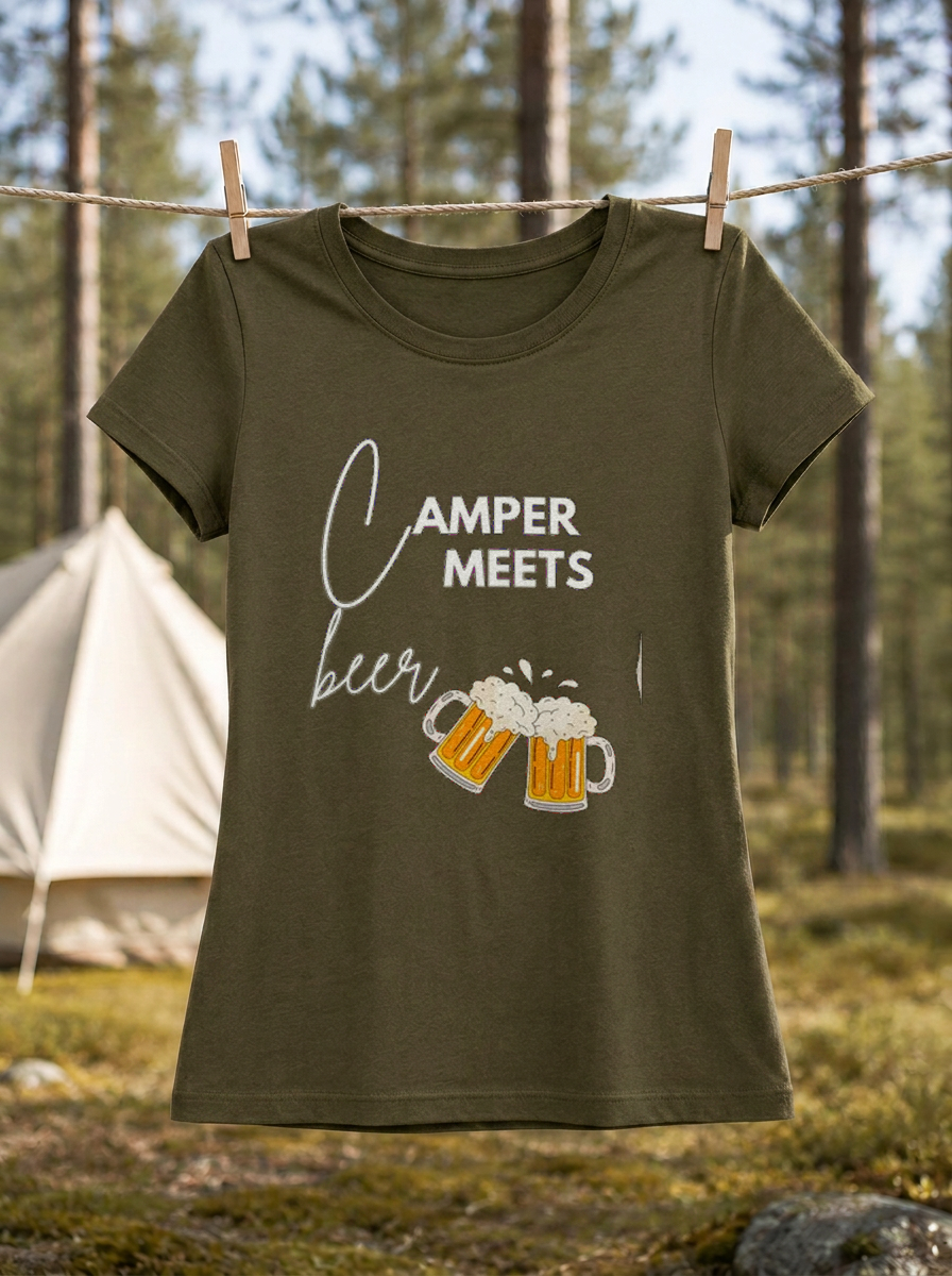 Camper Meets Beer – Damen Tailliertes T-Shirt Camping Vibes Khaki – Wäscheleine