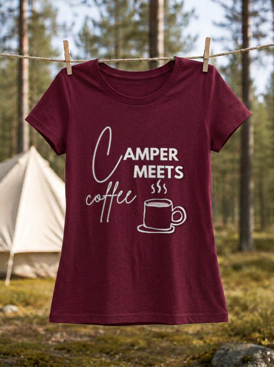 Camper Meets Coffee – Damen Tailliertes T-Shirt Camping Vibes Burgundy – Wäscheleine