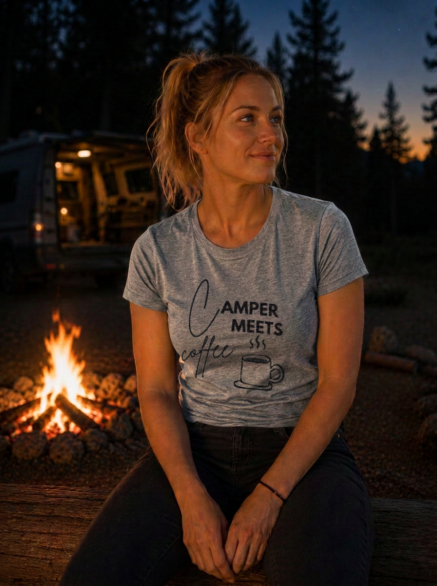 Camper Meets Coffee – Damen Tailliertes T-Shirt Camping Vibes Heather Grey – Modell