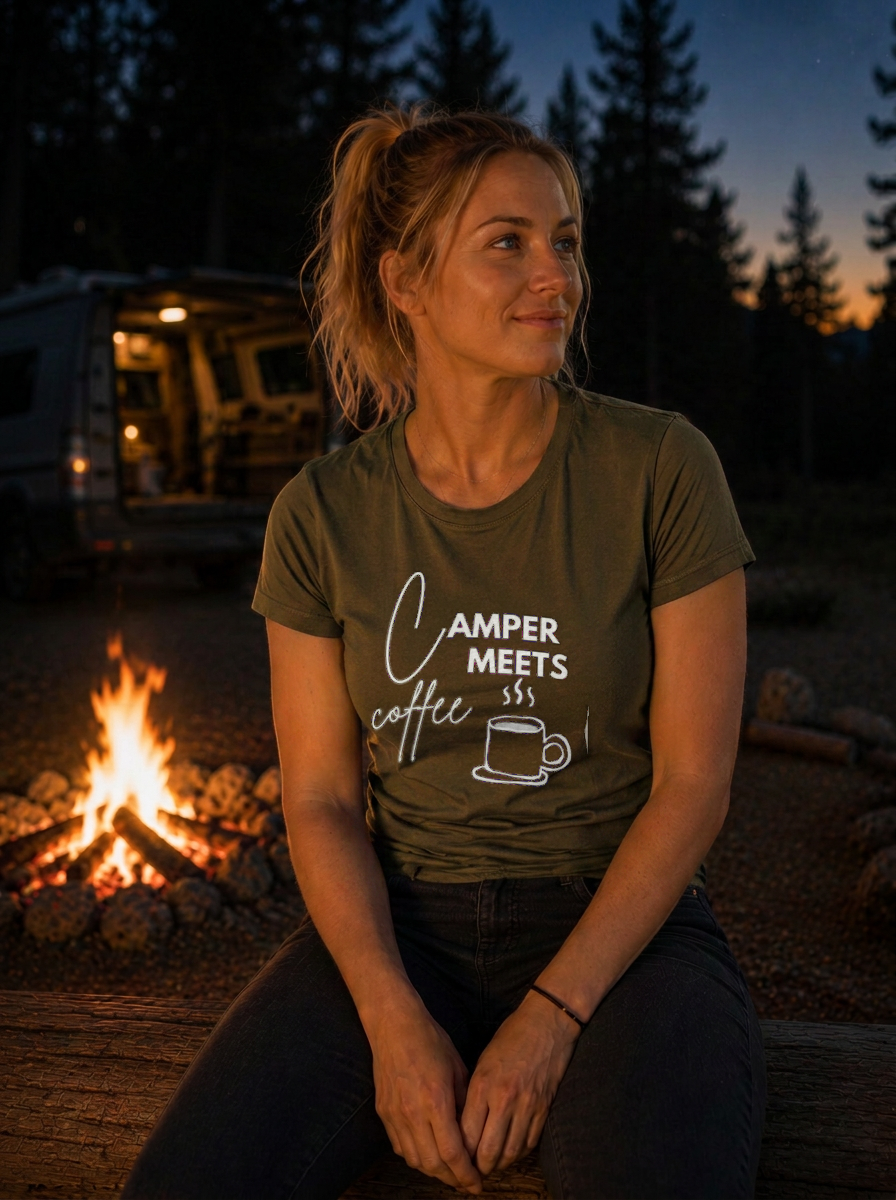 Camper Meets Coffee – Damen Tailliertes T-Shirt Camping Vibes Khaki – Modell